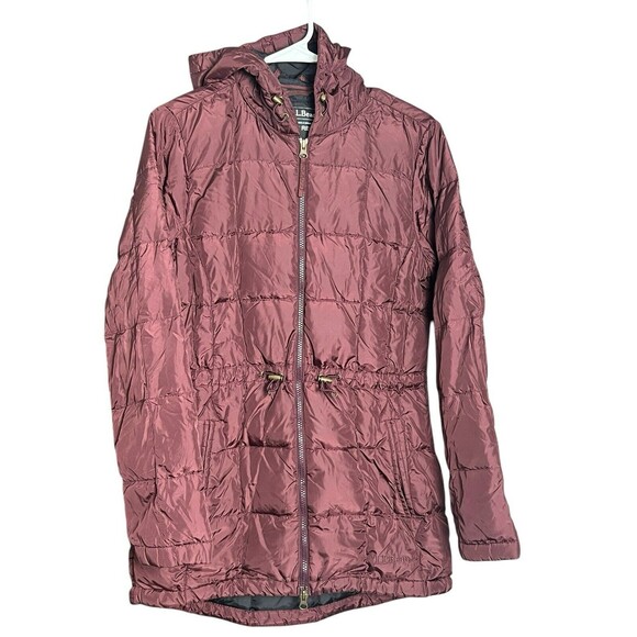 LL Bean Women’s Down Puffer Jacket With Hoodie X-Small Burgundy Water Repellent - Picture 2 of 14
